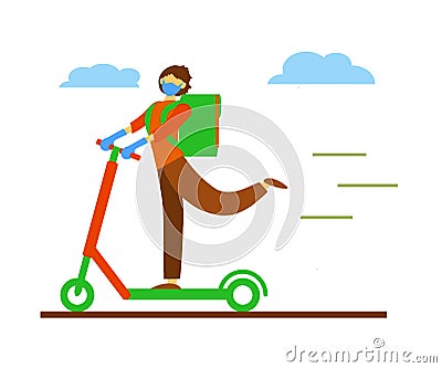 A man on a scooter delivers food. Curier. Delivery of products. Vector Vector Illustration